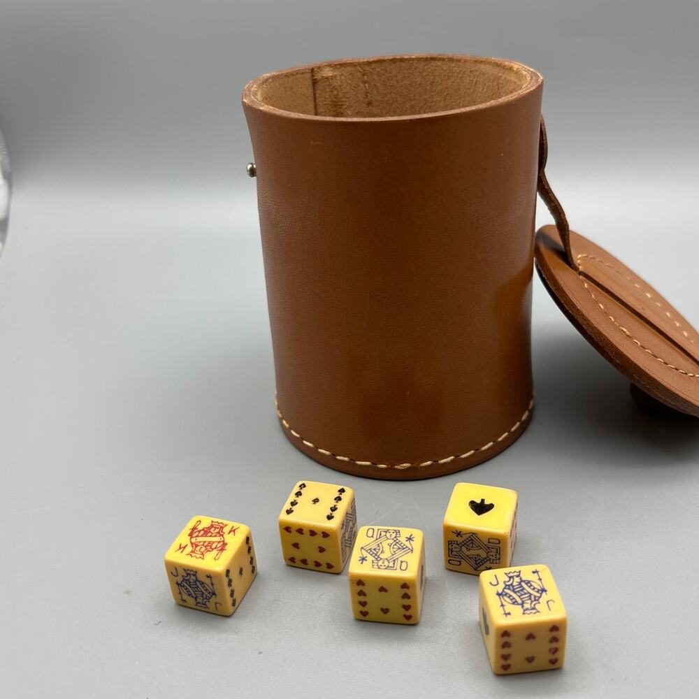 Set Of 5 Vintage‎ Bakelite Dice Tan Leather Stitched Dice Cup